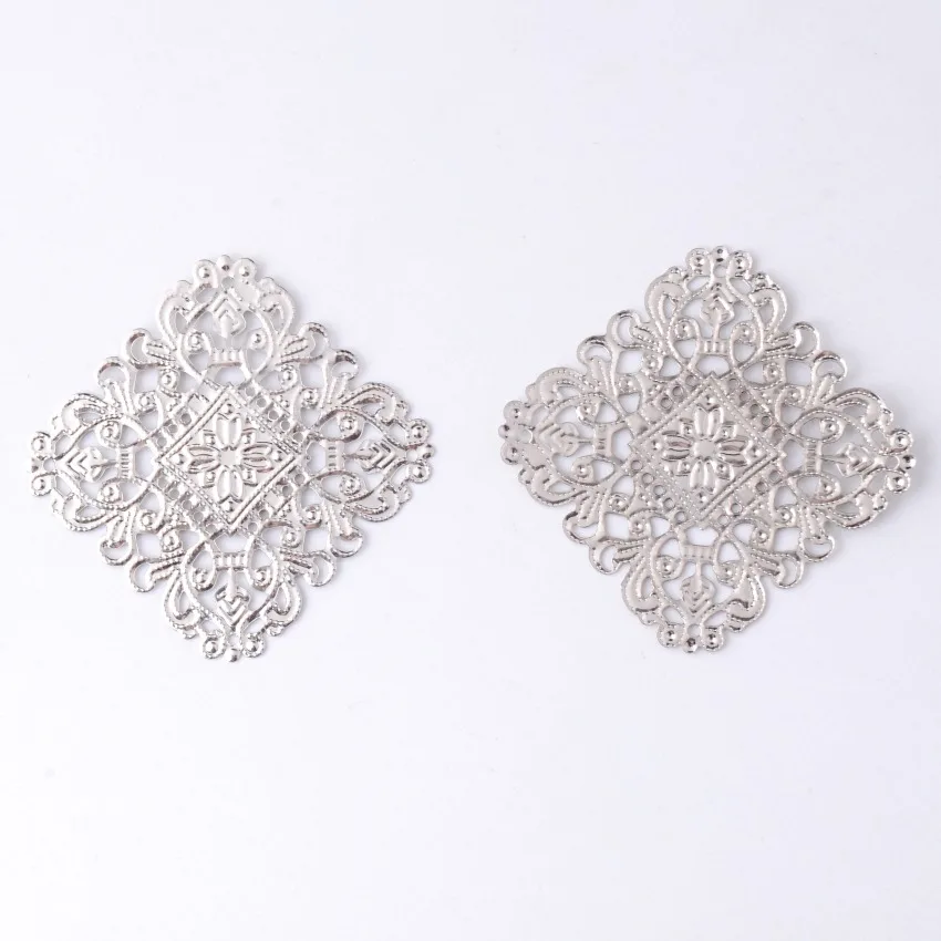 Złącza filigranowe do ozdabiania, kwadratowe, srebrne, metalowe, rękodzieło, dekoracja prezentowa, DIY, ażurowe, 4x4 cm F0404 (5 sztuk)