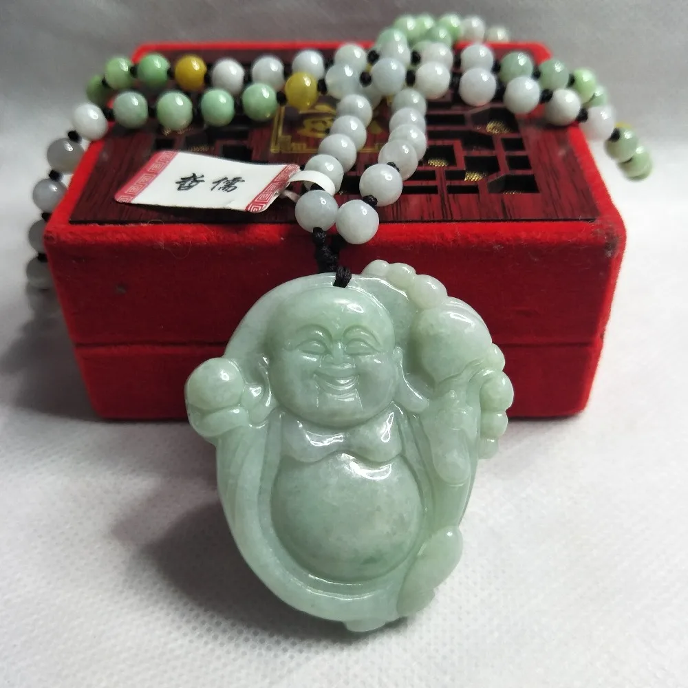 Zheru Jewelry Pure Natural Jadeite Light Green Ruyi Buddha Pendant Tricolor Jadeite Bead Necklace A Class A National Certificate