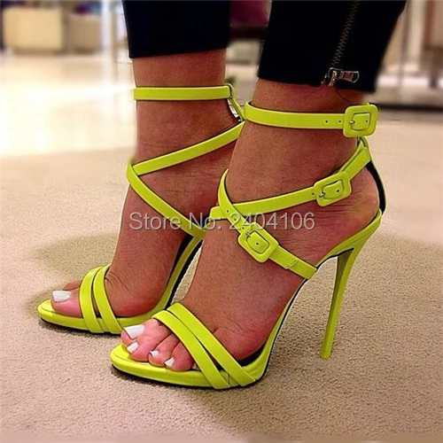 

Fluorescent Green Narrow Straps Ankle Buckle Summer Shoes Gladiator Sandalia Feminina Sexy Stiletto High Heels Sandals Women