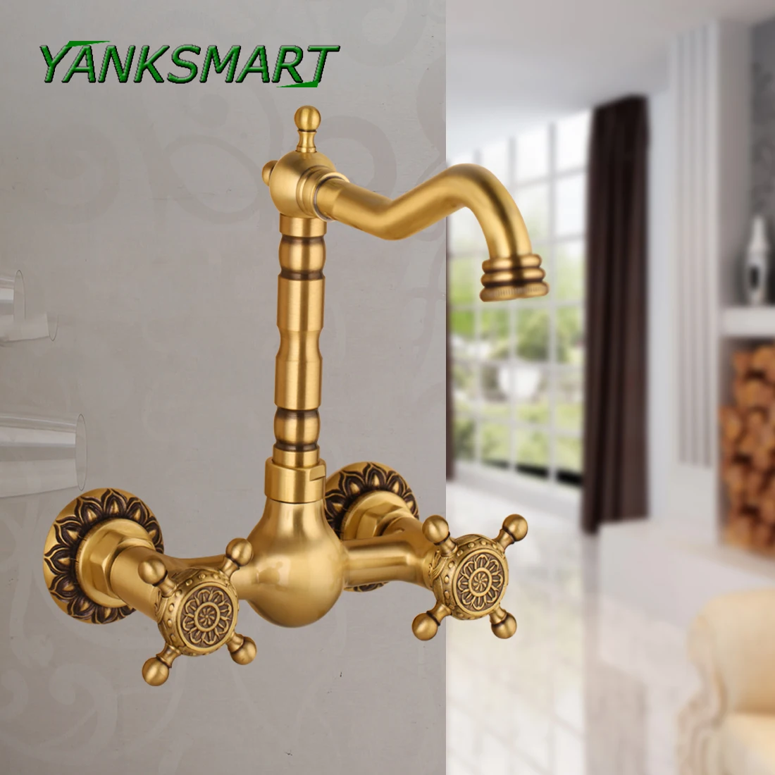 

YANKSMART Bathtub Shower Faucet W/ Brass Spray Wall Mount Hot and Cold Water Mixer Tap Bath Faucets Dual Handle 360 Swivel