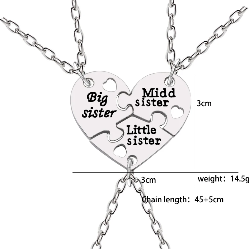 3Pcs Big Sister Middle Sister Little  Necklace Women Hollow Heart Puzzle Sis Friend Pendant Family Jewelry Gifts image 2