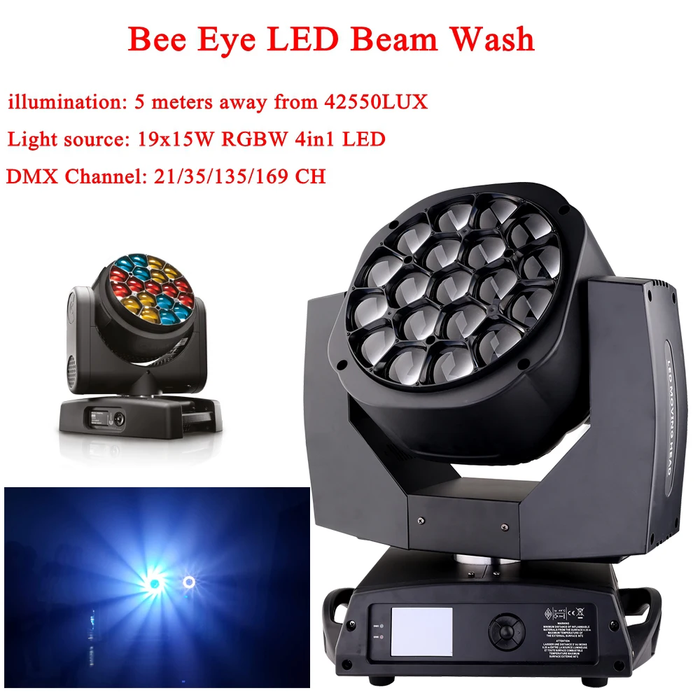 

LED Beam+Wash 19x15W RGBW 4IN1 Bees Eyes LED Moving Head Light With Excellent Pragrams 21/35/135/169CH Channels Disco DJ Lights