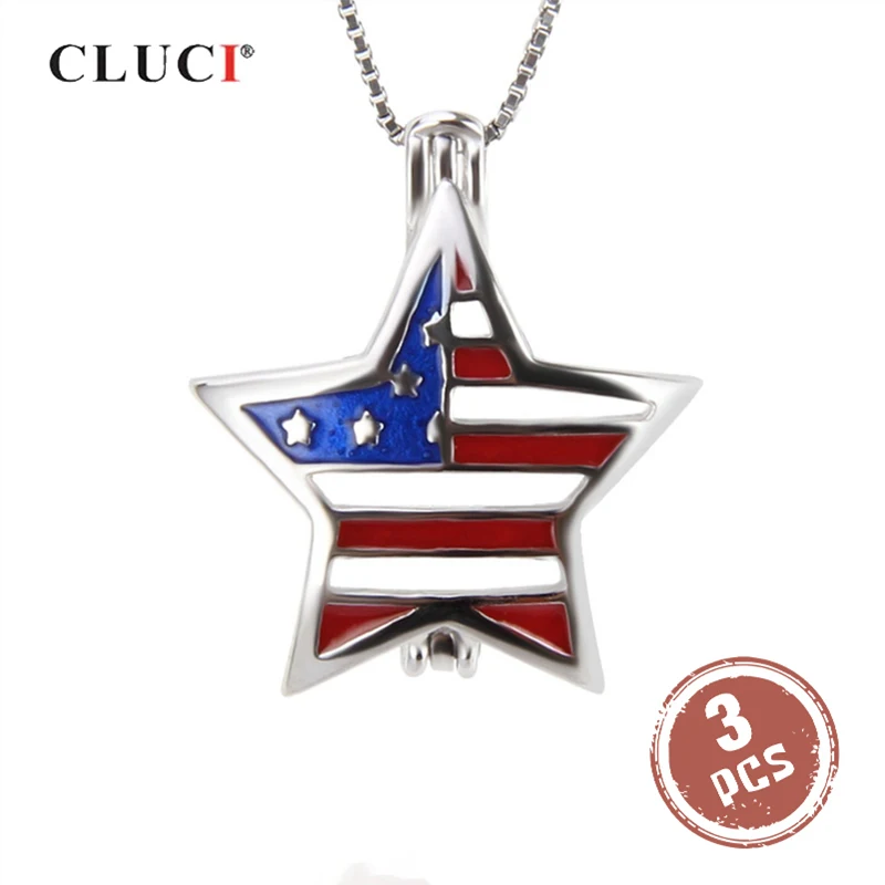 CLUCI 3pcs Silver 925 Five Stars Jewelry Charms Pendant for Women Necklace 925 Sterling Silver US Flag Pearl Locket SC284SB