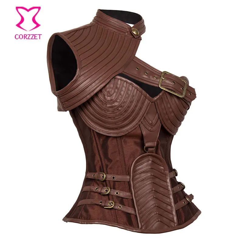 Brown Faux Leather Armor Sexy Steampunk Corset Overbust Burlesque Costume Gothic Clothing Plus Size 6XL Waist Trainer Steel Bone