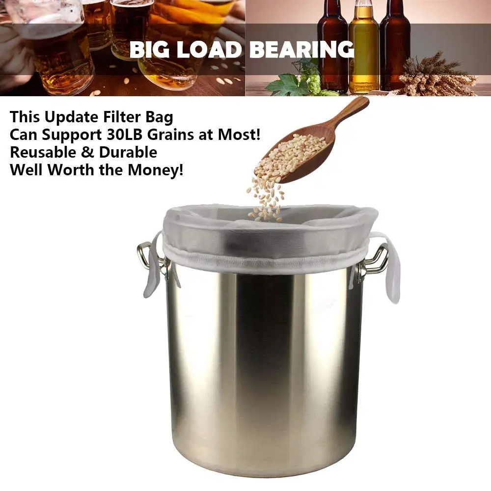 Home Brewing 30 Mesh Food grade Nylon Bucket Filter Bag,Beer Wine Residue Separation Bag with Stainless Steel Ring