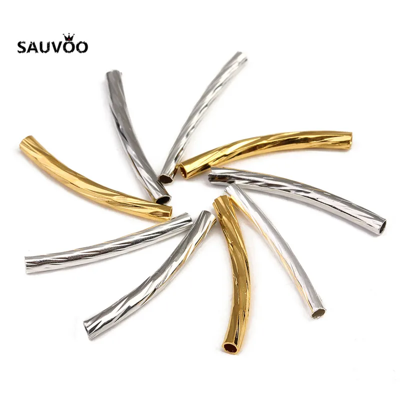 100 Pcs/Lot 2*20mm Gold/Silver/Rhodium Color Copper Curved Long Tube Beads Connectors DIY Necklace Bracelet Findings Material