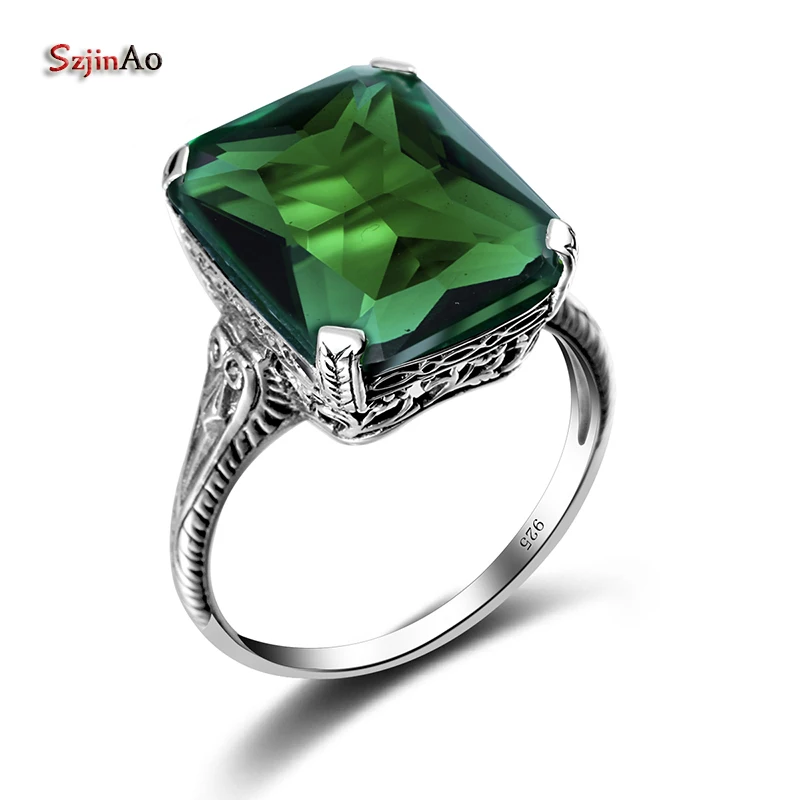 Szjinao 1 Pcs New Geometry Real 925 Sterling Silver Ring Green Emerald Mosaic Vintage wedding luxury Brand Fine Jewelry Gifts