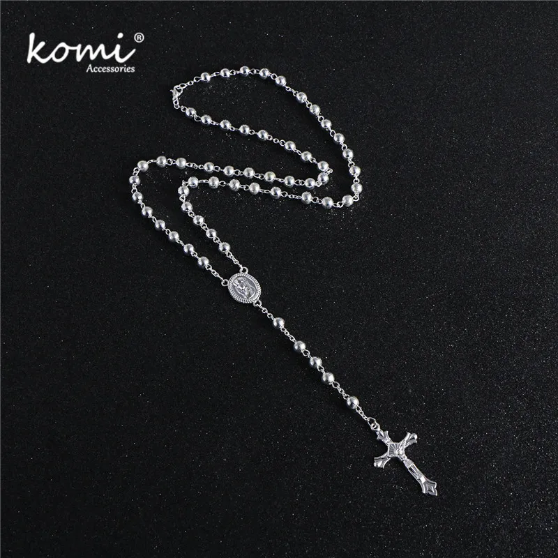 KOMi New Fashion CCB Bead Handmade Cross Pendant Long Necklace Silver Color Vintage Rosary Religion Jewelry Gift R-111