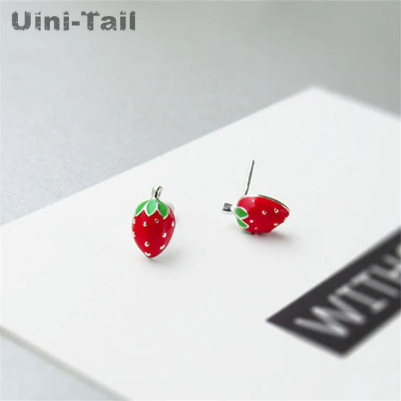 Uini-Tail Hot New 925 Tibetan silver Fashion Exquisite Cute Strawberry Stud Earrings Creative Epoxy Strawberry Hypoallergenic