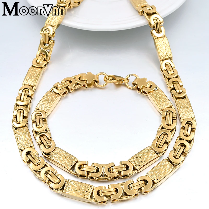 Moorvan Gold-color Men New Design Jewelry Set Party Necklace/Bracelet Long 55cm/22cm Trendy Accessory VBD022