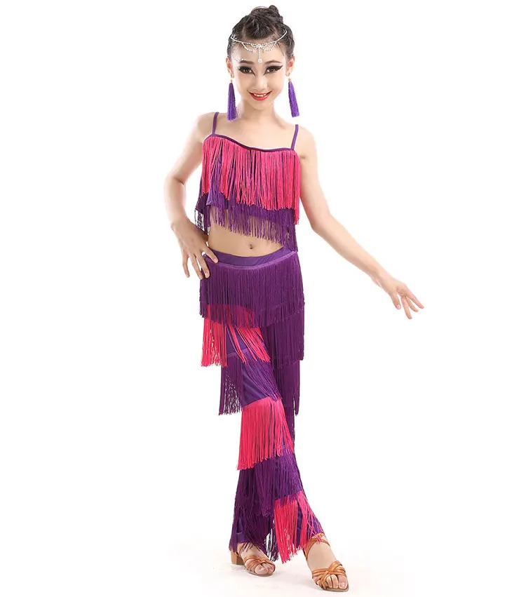 Nieuwe Kinderen Bachata Latin Dans Kostuums Meisjes Ballroom Tango Salsa Latin Danswedstrijd Kostuum Fringe Broek Tops