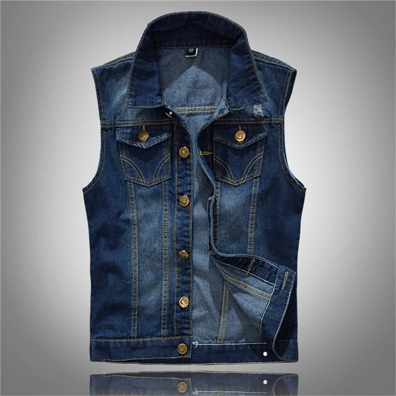 New high-grade cotton Jean Vest Men\'s Sleeveless Cowboy Waistcoat Denim Coat Ripped Slim Fit Male Casual Spring Autumn Jacket