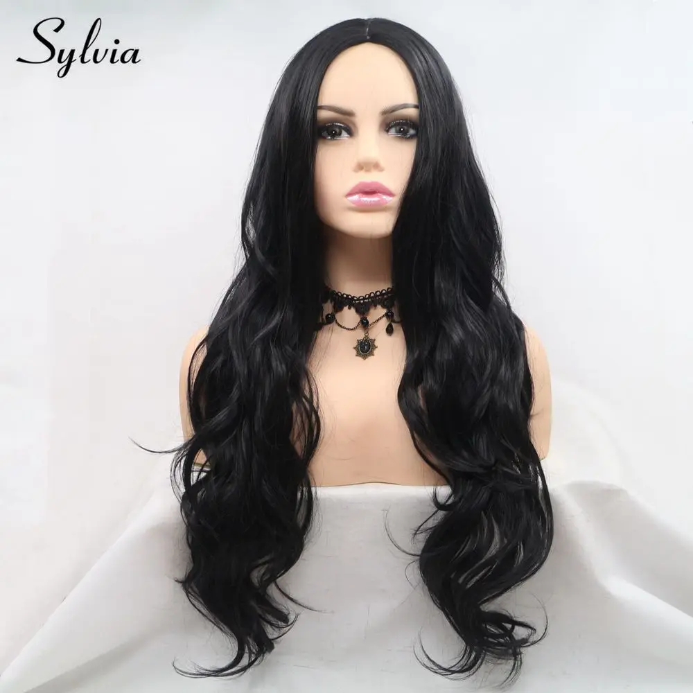 Perruque synthétique Body Wave longue noire – Sylvia, # 1B, avec raie centrale pour femmes, résistante à la chaleur, perruque de fête Cosplay