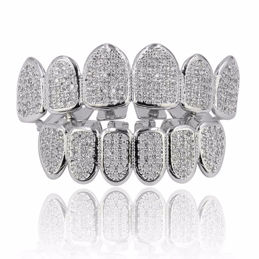 Men's Hip Hop Fang Top Bottom teeth Grillzs Set Gold Silver Color Micro Pave White CZ Rhinestone Bling Iced Out Rapper Jewelry