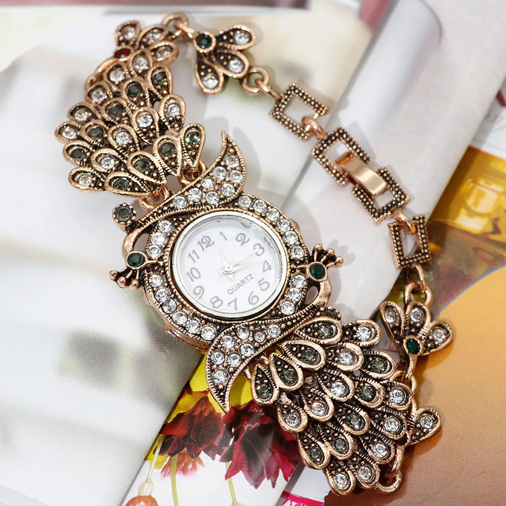 SUNSPICE MS Ethnic Indian Peacock Charm Bracelet Wrist Watch For Women Antique Gold Color Ladies Party Cuff Jewelry Wholesale