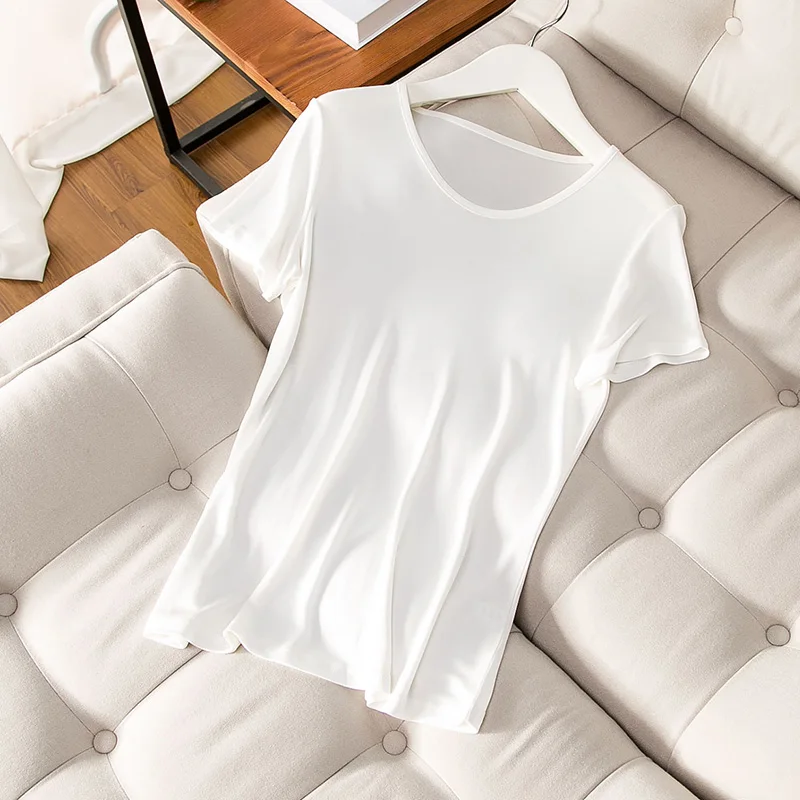Suyadream Vrouwen T-shirt 30% Zijde 70% Viscose O Hals Korte Mouwen Dieptepunt Shirt 2022 Zomer Overhemd Basic Top Wit zwart