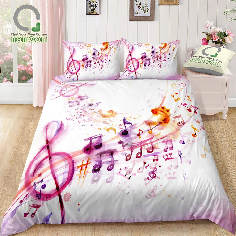 BOMCOM 3D Digital Printing Bedding Set Watercolor Pink Music Note Treble Clef Staff 3-Pieces Duvet Cover Sets 100% Microfiber