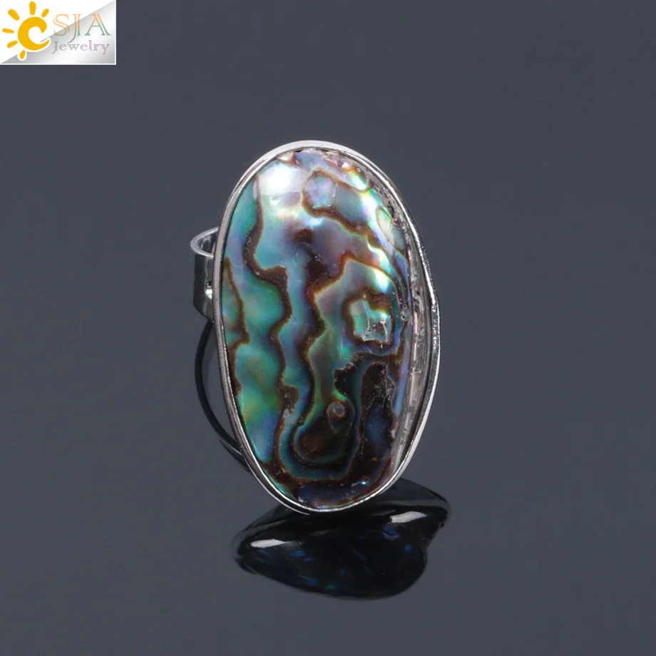 CSJA New Zealand Natural Abalone Shell Beads Finger Rings for Men Women Reiki Sea Shell Wedding Engagement Adjustable Ring F054