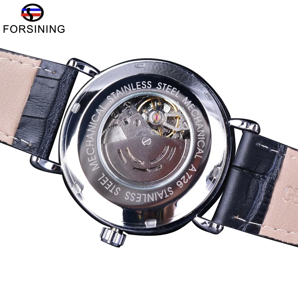 Forsining Silver Black Fashion Skeleton Design Leather Casual Transparent Steampunk Mens Automatic Wrist Watch Top Brand Luxury