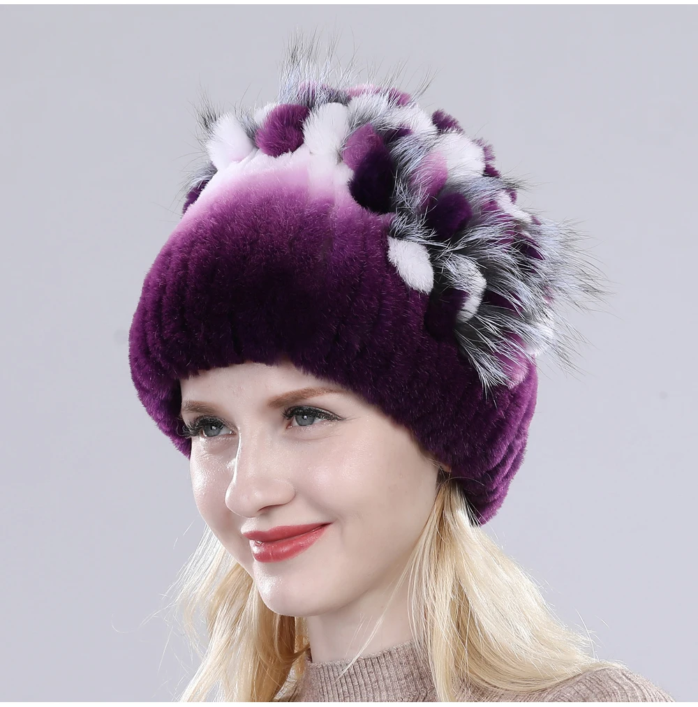 Neue Russische Damen Echt Rex-Kaninchenfell Mützen Luxuriöse Gestrickte Blumen Echte Rex-Kaninchenfell Kappe Winter Echt-Fell Beanie Mütze – Detail 38