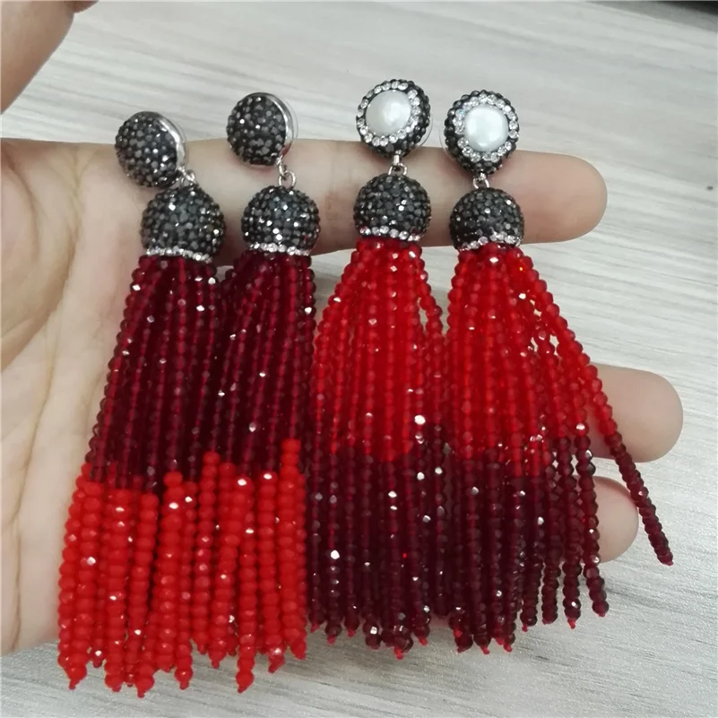 Bohemia Wedding Party Statement Jewelry 2mm Wine Red Black Beads 12 Rows Joint Combine Beaded Tassels Dangle Earrings For Women