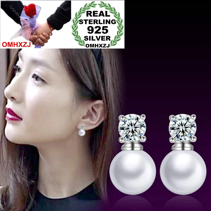 OMHXZJ Wholesale Elegant Sweet Fashion joker For Woman Lady Gift Four Claws Zircon Pearl 925 Sterling Silver Stud Earrings YS316