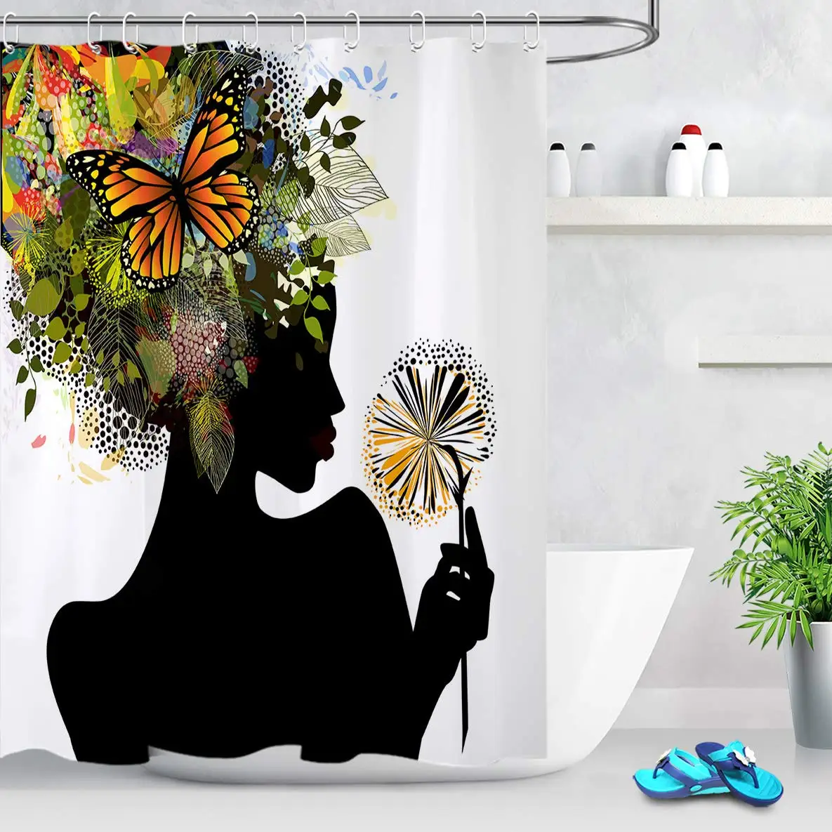 African American Black Girl Afrocentric Futuristic Design with Nature Harmony Woman Funny Shower Curtain