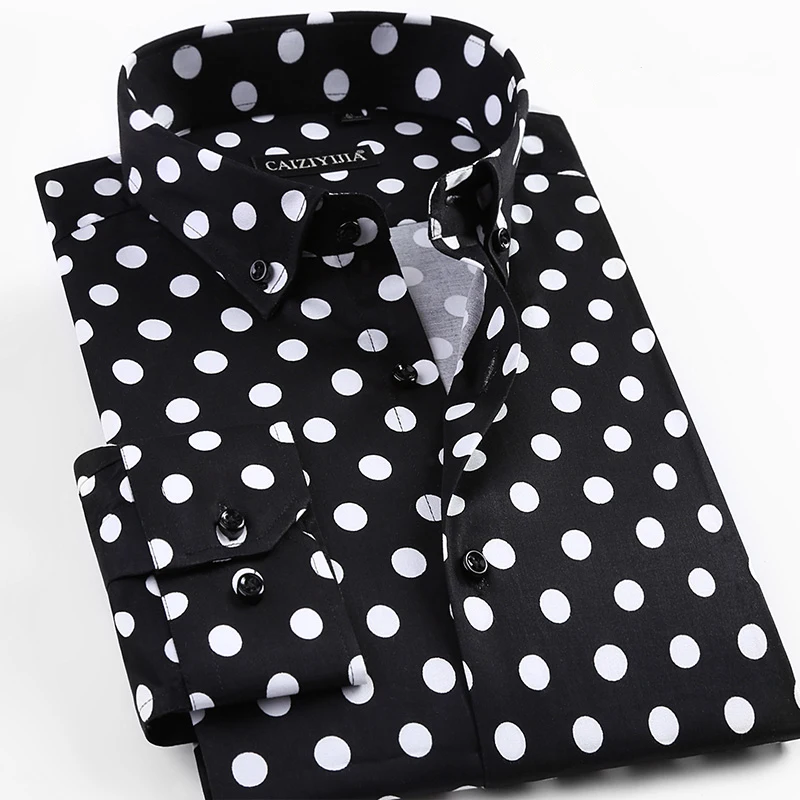 Chemise à manches longues à imprimé à pois pour hommes, chemises provoqué pour hommes, décontracté, formel, coton, noir, blanc, points, vêtements pour jeunes, mode