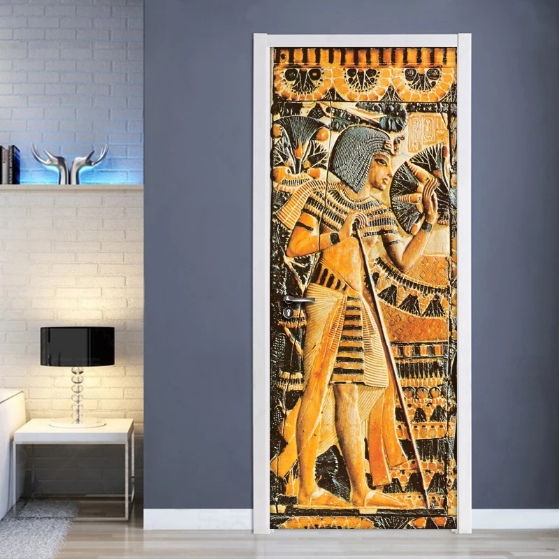 Door Sticker Waterproof Self-adhesive Mural Wallpaper Egyptian Pharaoh Wall Painting Living Room Bedroom Door Stickers Decor 3D