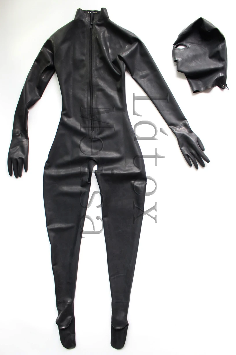 Breast holes & crotchless full cover women's black latex bondage in Zentai including gloves & seperated hoods with back zip