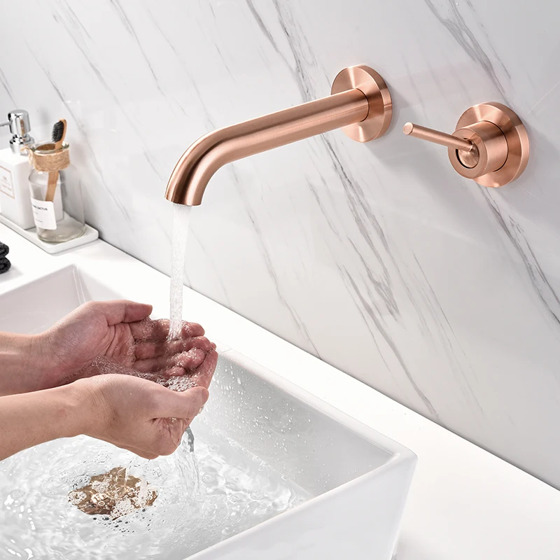 

Burnished Rose Gold Brass Wall Mounted Basin Faucet Single Handle Bathroom Mixer Tap Hot Cold Sink Faucet Rotation Spout