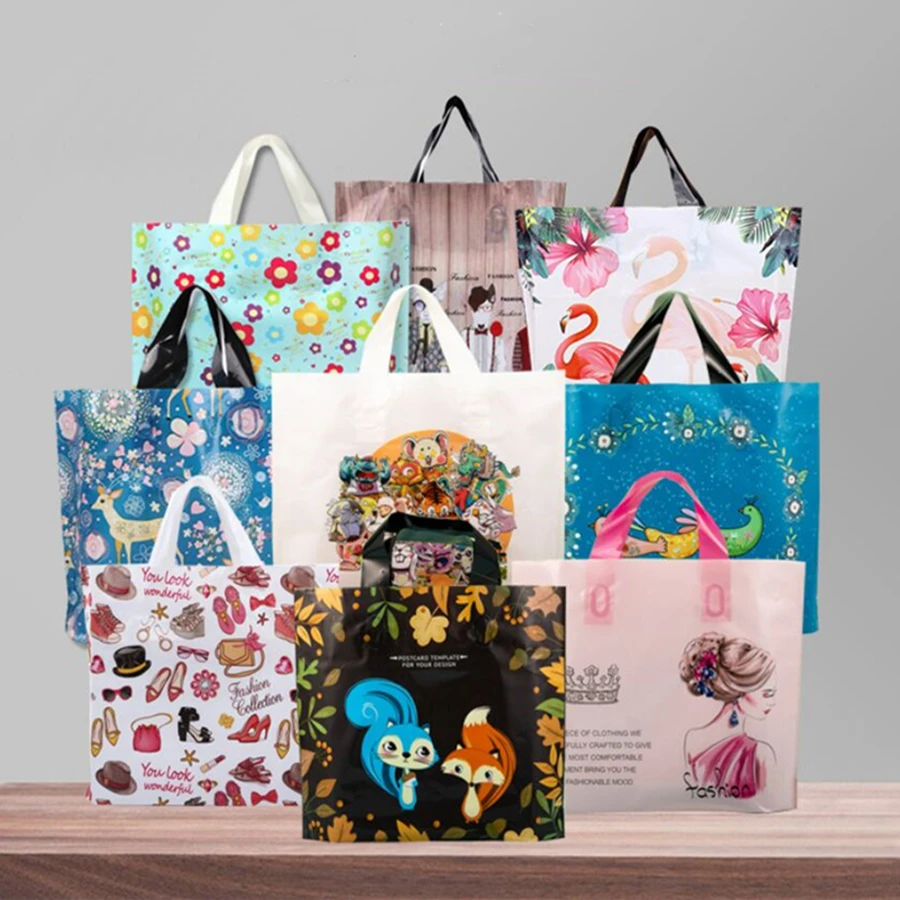 D&P 10Pcs Party Favor Thicken Plastic Wedding loop Handle Bag Clothing Plastic carry bag Lovely Thank You Gift Shopping Bags