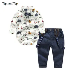 Conjunto de ropa de Top y Top para bebé, traje de caballero para recién nacido, camisa de manga larga con lazo + Pantalones de tirantes, ropa Formal de algodón para niños