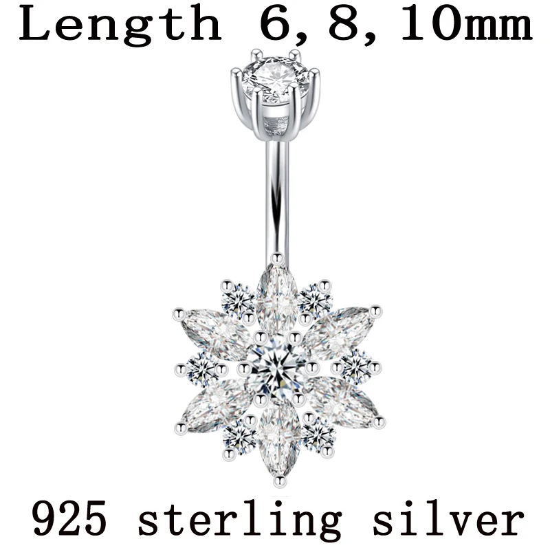 Belly button ring real 925 sterling silver women flower zircon clear stones body jewelry pure silver body piercing free shipping