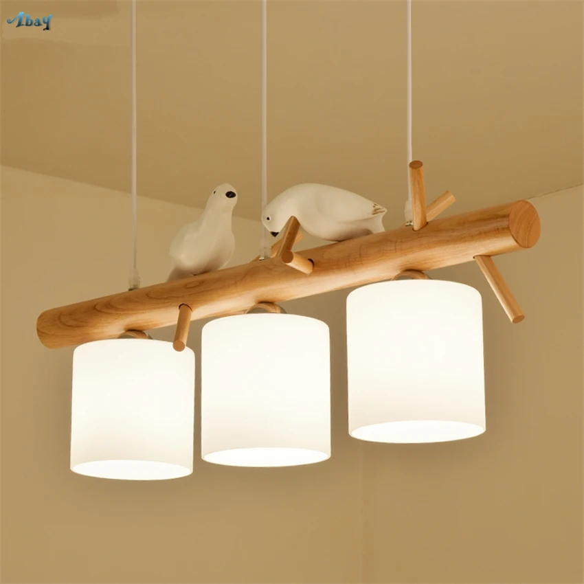 Nordic Birds Branches Wood Chandeliers Lights Three-head Restaurant Hanging Lamp Japanese Log Art Study Dining Room Bar Fixtures