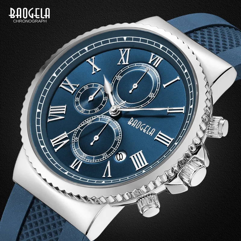 BAOGELA męska niebieski analogowe zegarki kwarcowe moda klasyczne cyframi rzymskimi Dial chronograf zegarek dla Man1708G-Blue