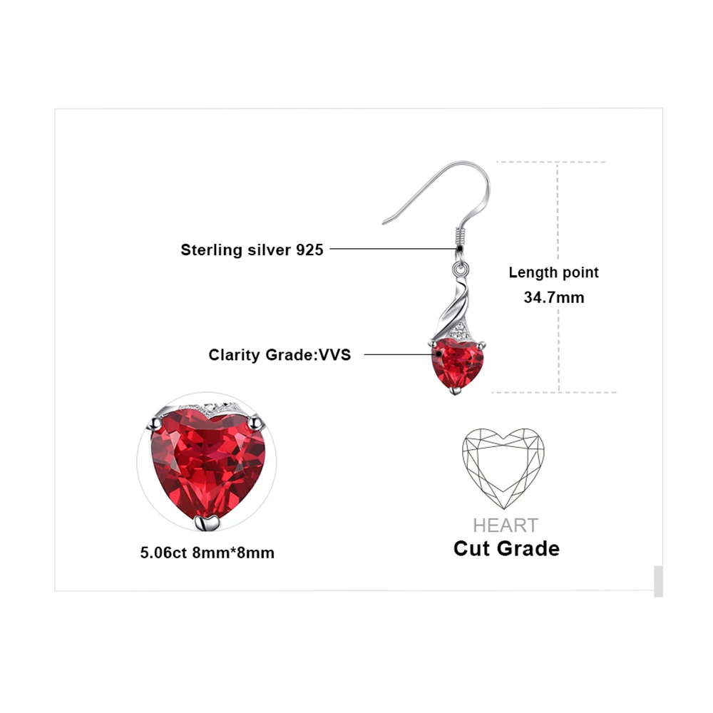 JewelryPalace Love Heart 5ct Created Red Ruby 925 Sterling Silver Drop Earrings for Women Gemstone Fine Jewelry Wedding Gifts