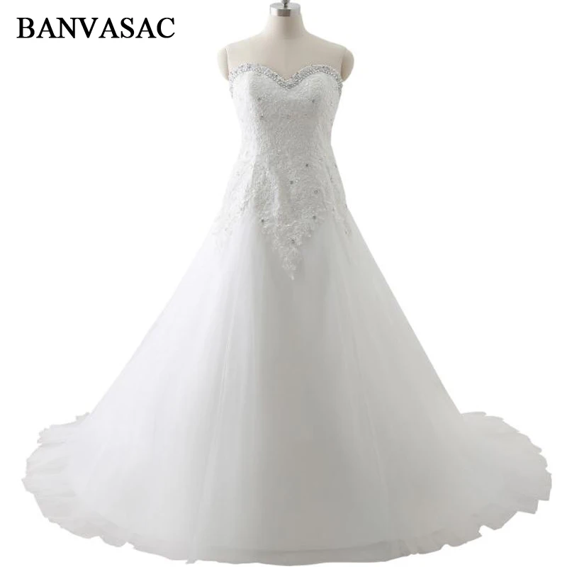 BANVASAC 2017 New A Linha de Cristais Do Querido Vestidos de Casamento de Luxo Bordado Sem Mangas de Cetim Trem Da Varredura Do Laço Vestidos de Noiva