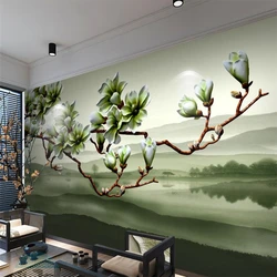 wellyu Chinese Magnolia Fragrance Stereo Flower TV Wall Custom Large Mural Green Wallpaper papel de parede para quarto