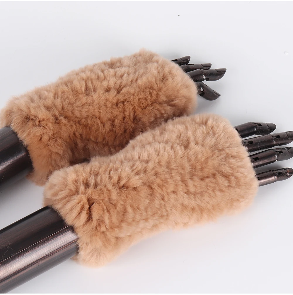 New Women 100% Real Genuine Knitted Rex Rabbit Fur Mittens Winter Warm Lady Real Fur Fingerless Gloves Handmade Knit Fur Mitten