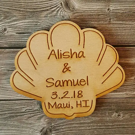 personalized Bride Groom names wood Seashell Wedding Save the Date Magnets engagement bridal shower party favors company gifts