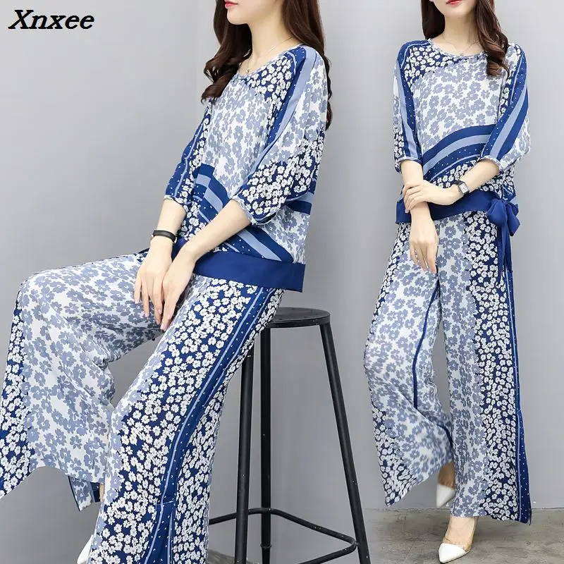 

Chiffon Wide Leg Pants Two Piece Set Top And Pants Batwing Sleeve Print Tracksuit Women Sash Conjunto Feminino Palazzo Pants