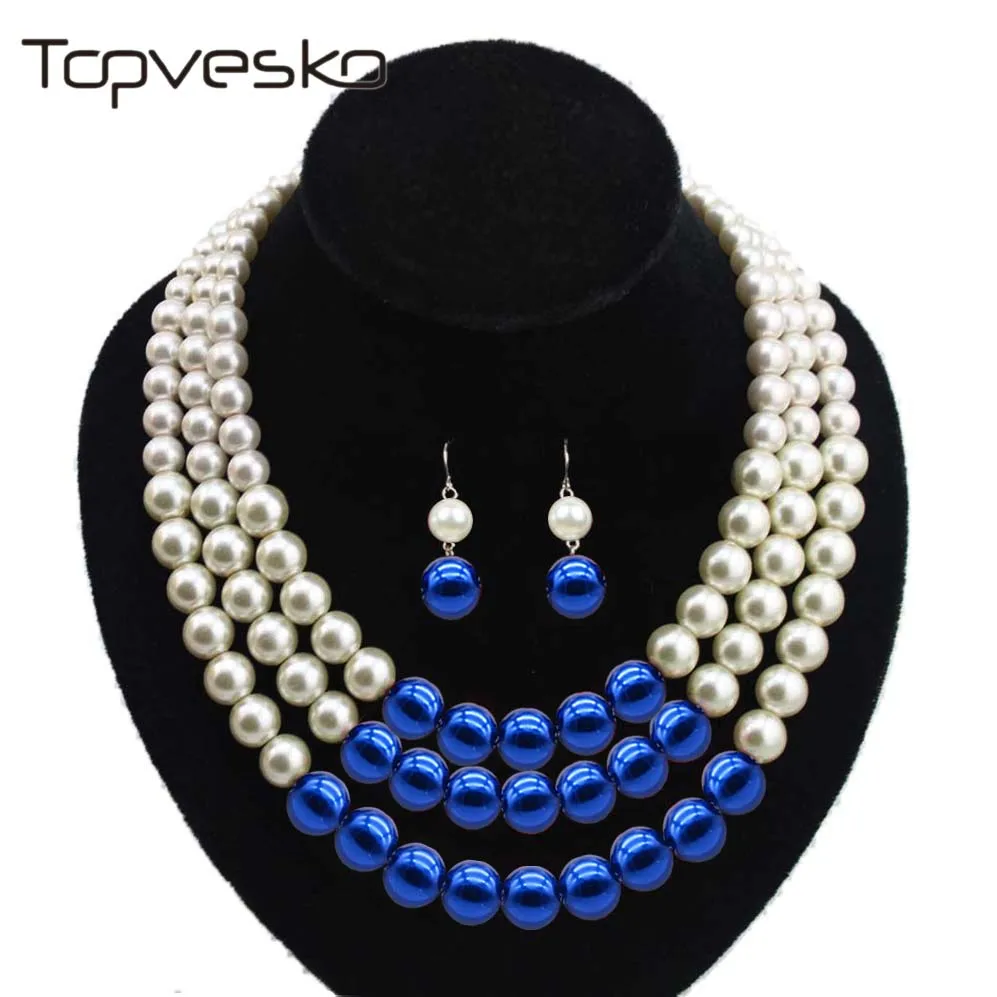 Women Three Strands Zeta Bule beaded Pearl Necklace Earring Jewelry Set