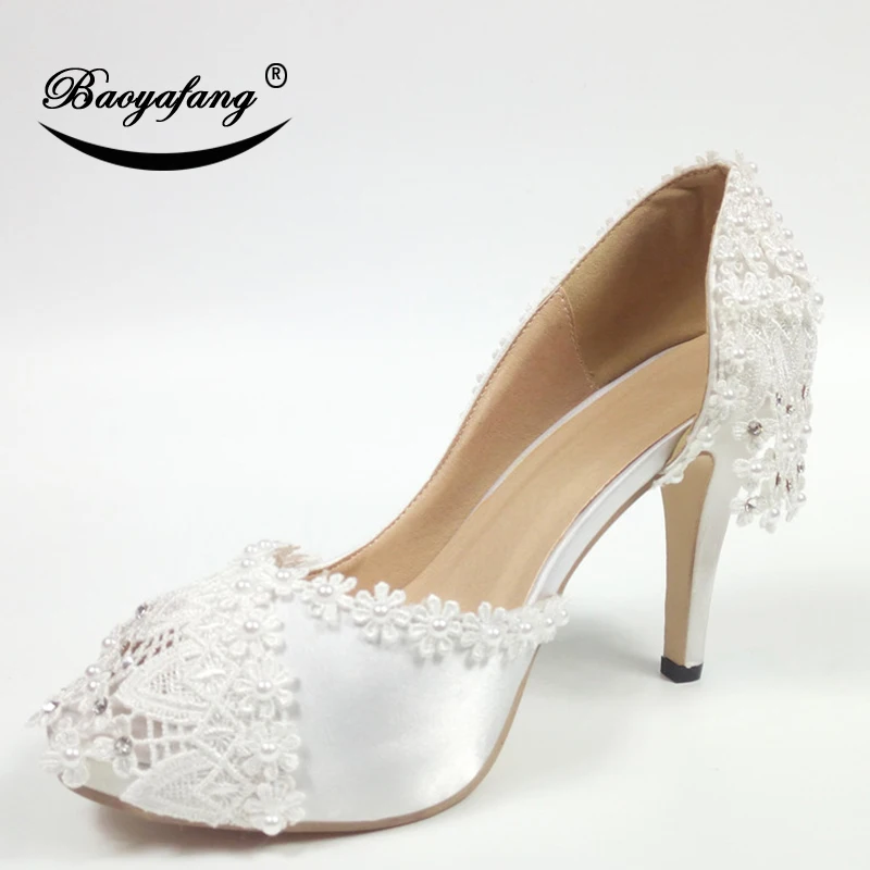 BaoYaFang 2023 New Lace-Up fashion shoes For woman White Flower Wedding shoes Ankle Strap High shoes sweet party shoe