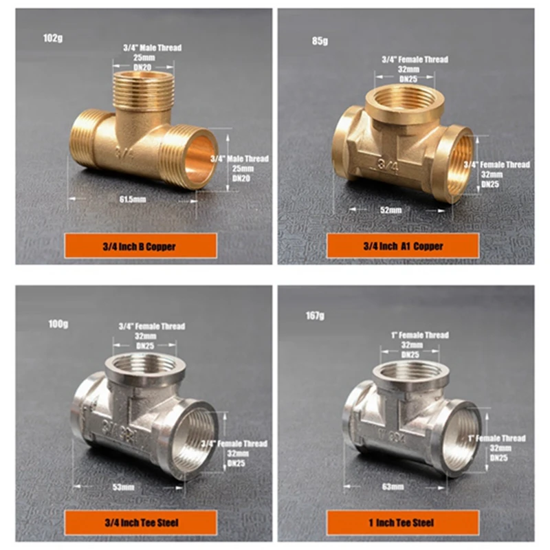

5pcs 3/4" 1" Copper Stainless Steel Equal Diameter Three Pass Tee Joint Coal Gas Industry Steam Waterworks Toilet Pipe Fittings