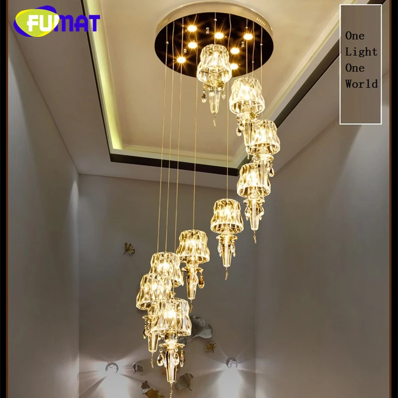 FUMAT Crystal K9 Stairway Ceiling Lamps Modern Villa Chandelier Lighting GU10 110V 240V LED Luxury Hanging Light Fixture Lamp