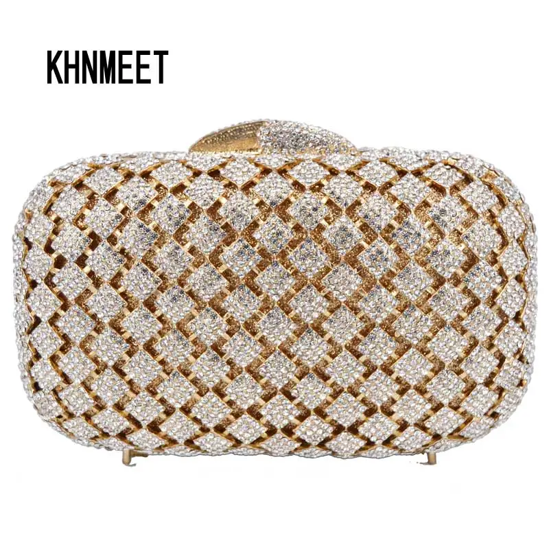 

KHNMEET Gold Silver metal rhinestone Handmade Clutch Bags Female Purse Bridal Wedding Evening Bags SC777