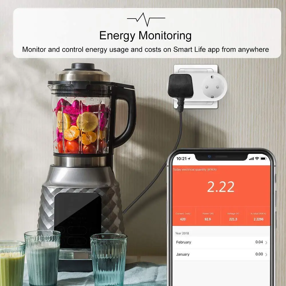 Alexa Kompatibel 2 Dalam 1 Soket WiFi 16A Monitor Daya Standar Uni Eropa Tuya Aplikasi Remote Control Smart Outlet Bekerja dengan Google Home