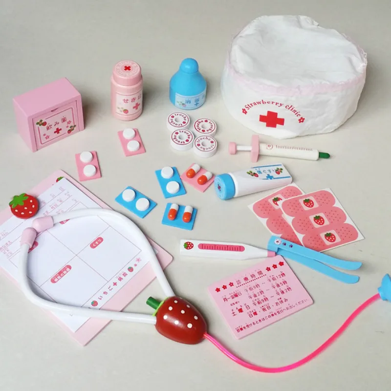 Estilo japonês Morango Crianças De Madeira Simulado Médico e Enfermeiros Medical Box Toys