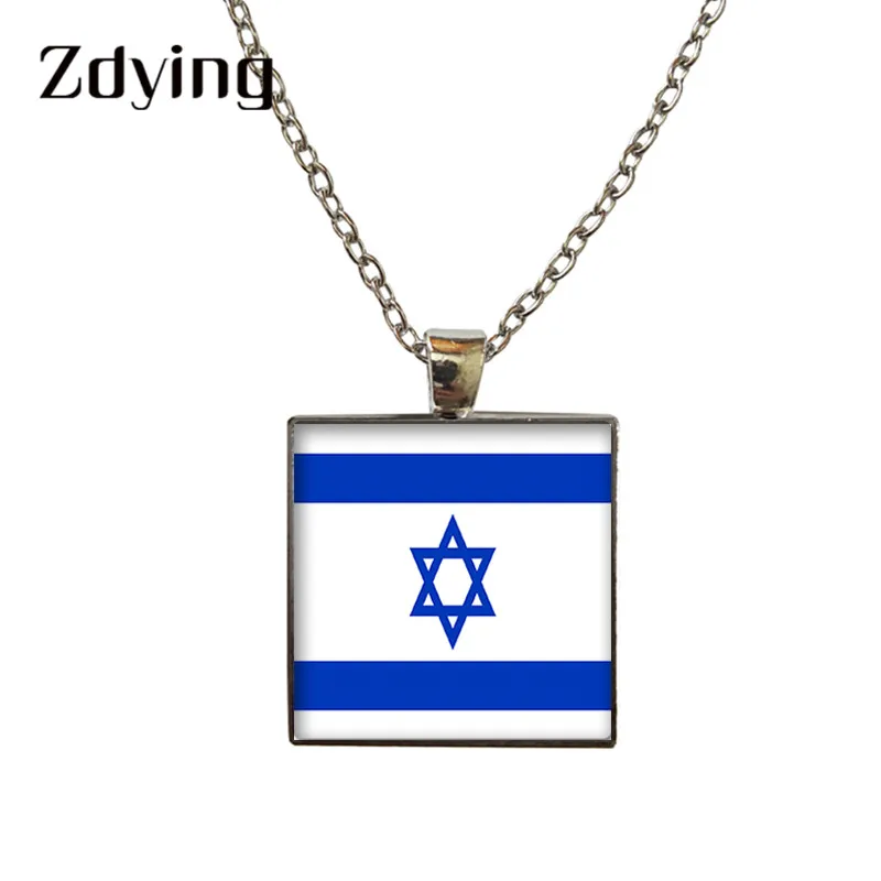 ZDYING Square Shape National Flag Pendant Necklace Glass Spain/France/Belgium/Ukraine Israel Cabochon Necklaces Choker F005